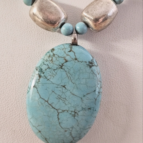 True Turquoise Nuggets and Silver Asymmetrical Handmade Necklace - Picture 4 of 6